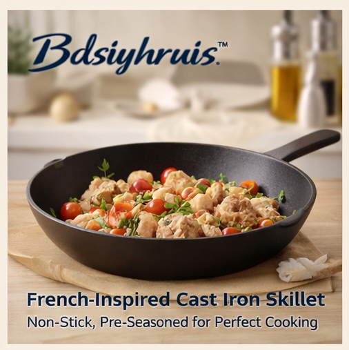 Bdsiyhruis™ French-Inspired Cast Iron Skillet - Non-Stick, Pre-Seasoned for Perfect Cooking